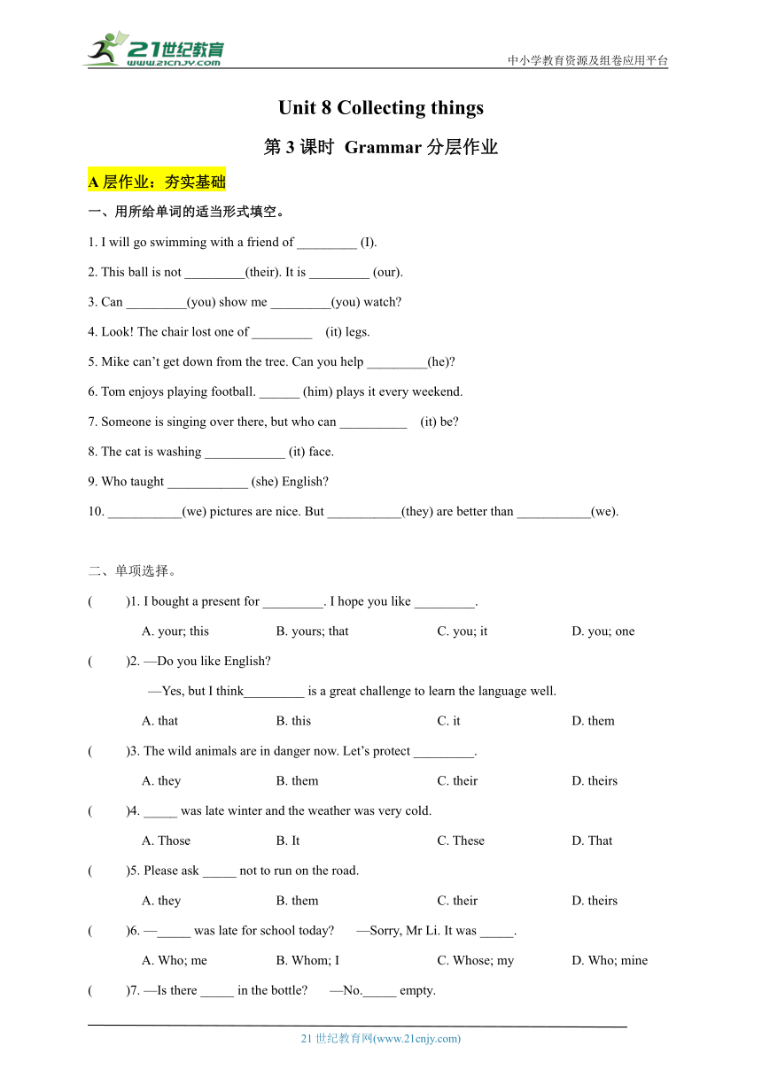 【新课标】Unit 8 Collecting things 第3课时Grammar分层作业（含答案）