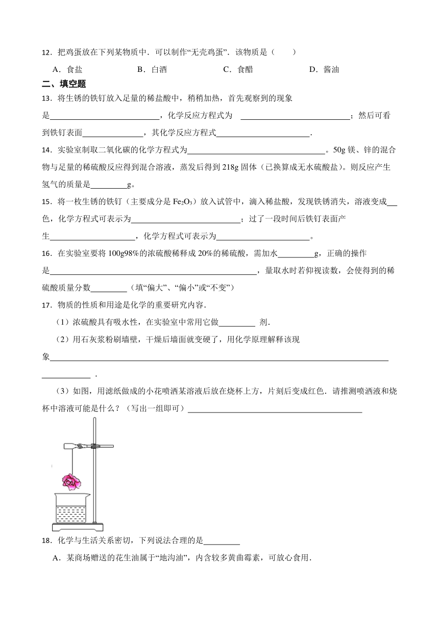 2.1 酸及其性质 同步练习(含答案)  2022-2023学年鲁教版（五四制）九年级全册化学