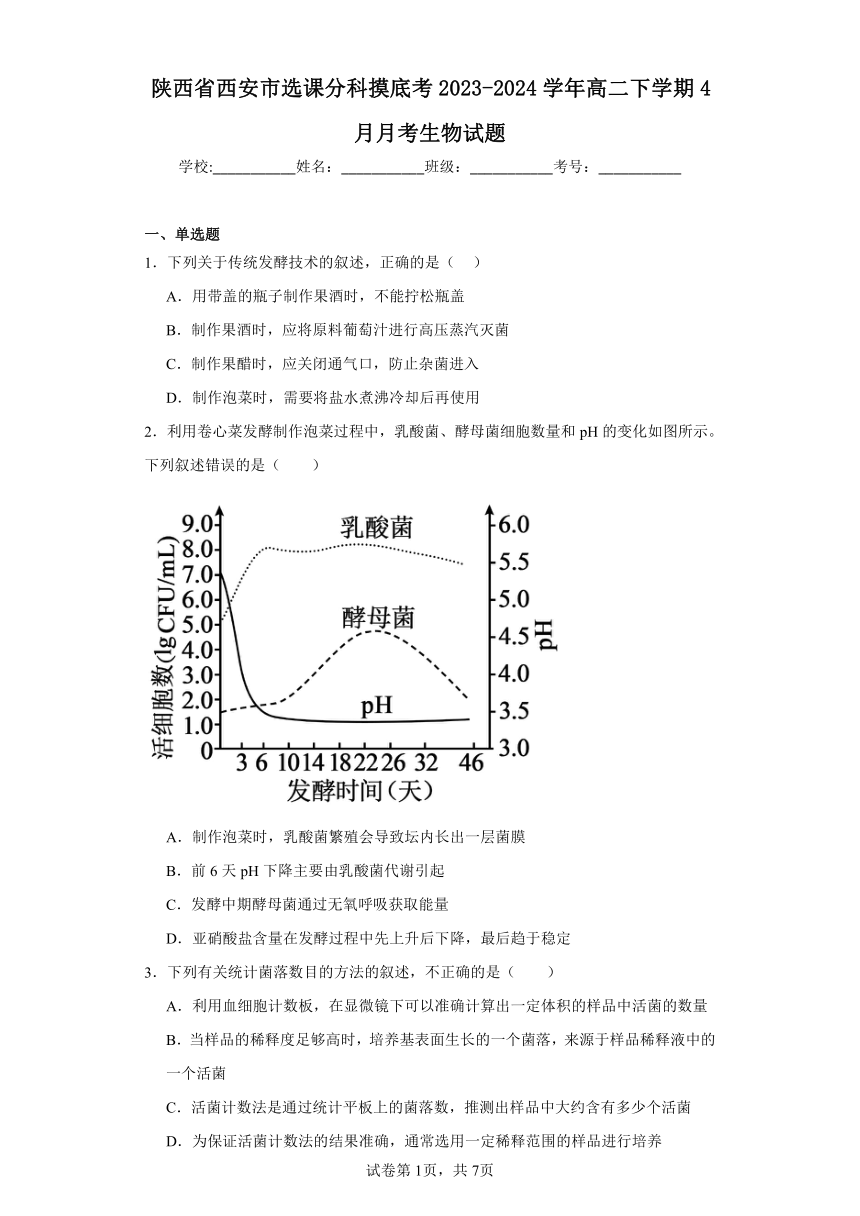 陕西省西安市选课分科摸底考2023-2024学年高二下学期4月月考生物试题（含解析）