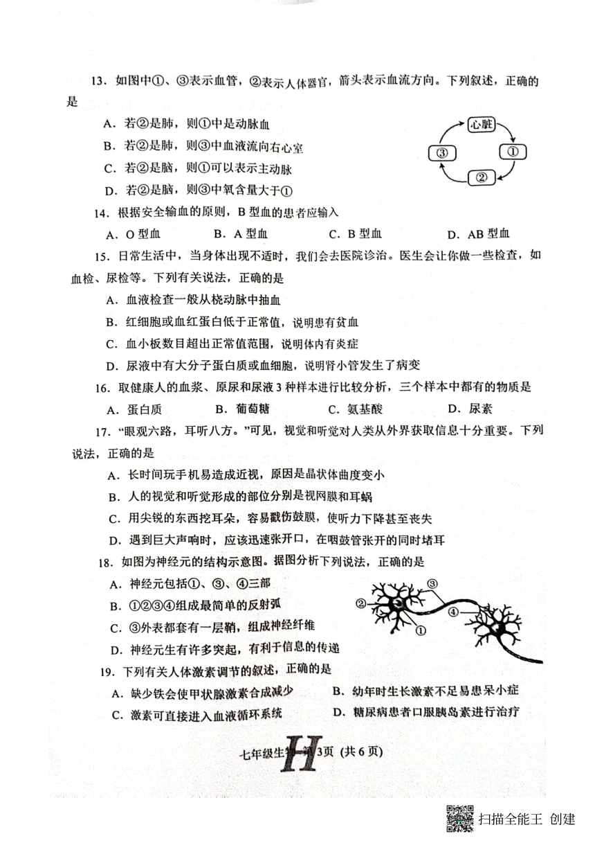 河南省南阳市唐河县2022-2023学年七年级下学期6月期末生物试题（PDF版无答案）