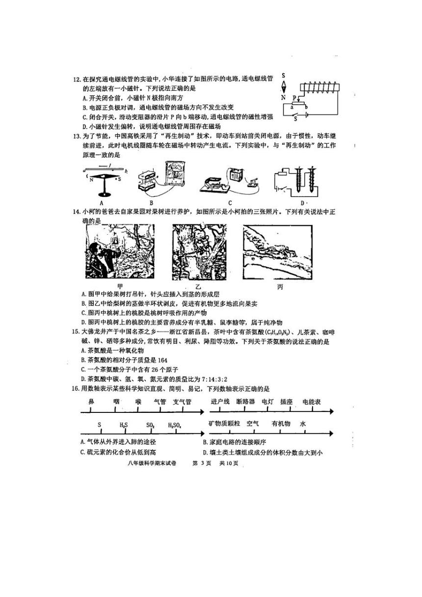 浙江省绍兴市新昌县2021学年第二学期期末学业水平监测试卷 八年级科学试题（图片版 含答案）