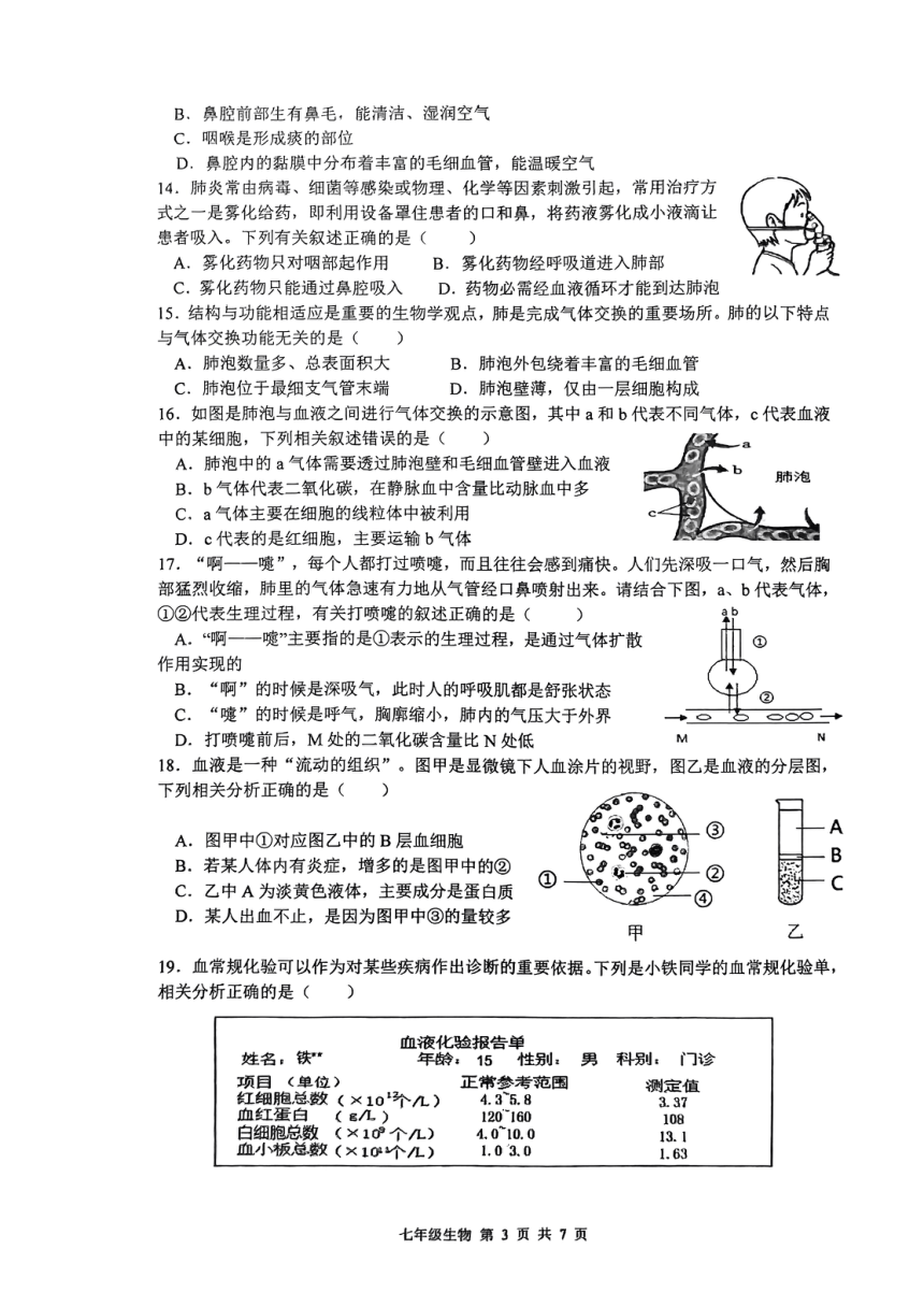 陕西省西安市铁一中学2023-2024学年七年级下学期期中考试生物试卷（PDF版 无答案）