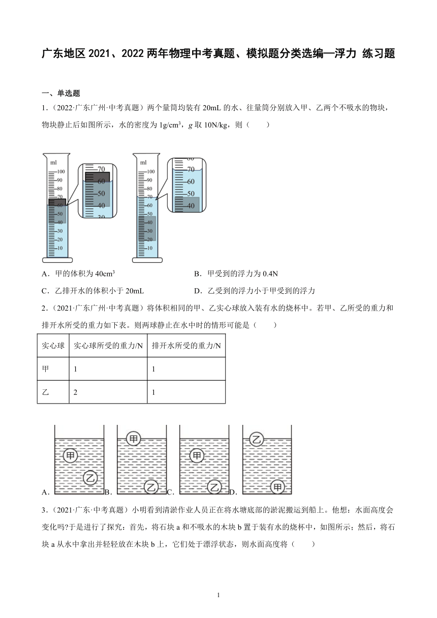 广东地区2021、2022两年物理中考真题、模拟题分类选编—浮力 练习题（含答案）