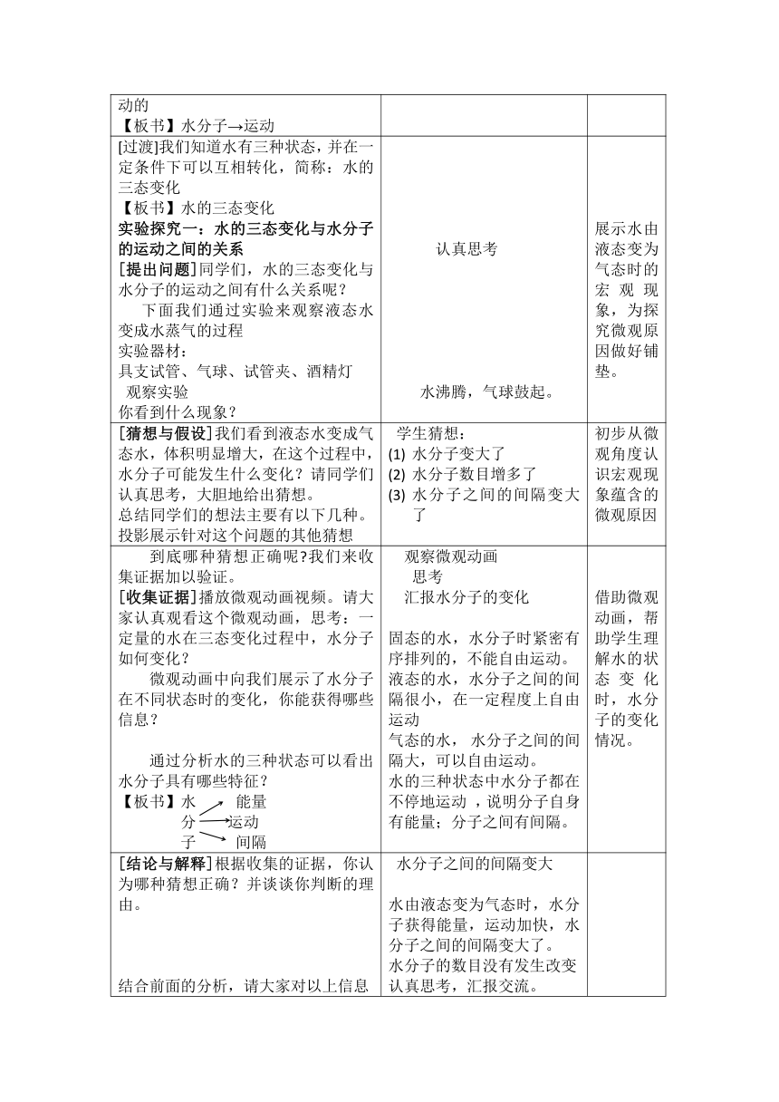 九年级化学鲁教版上册 2.1运动的水分子教案（表格式）