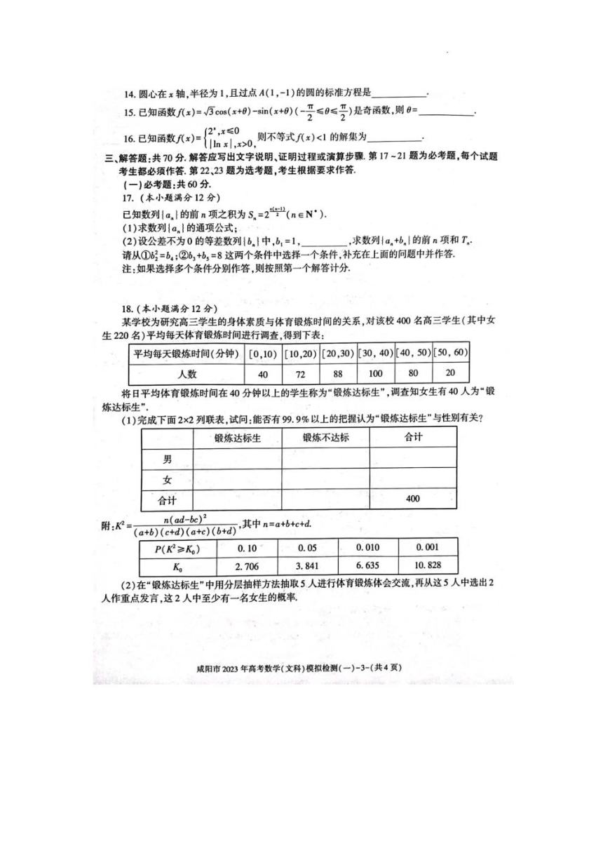 2023届陕西咸阳市高考模拟检测（一模）文科数学试卷（PDF版含答案）
