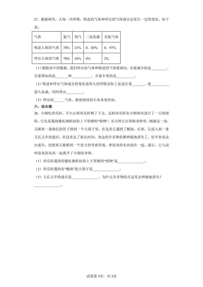 第四单元爱护身体期末复习卷2四年级科学下册（冀人版2017）