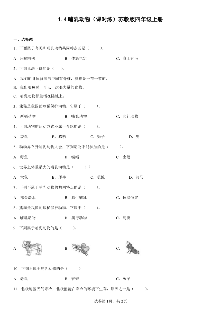 苏教版（2017秋）科学 四年级上册 1.4哺乳动物 同步练习（word版 含答案）