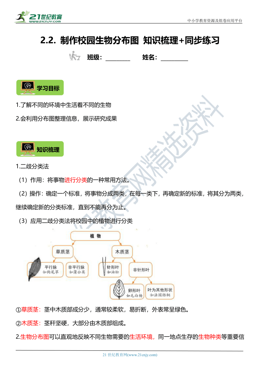 六年级科学下册2.2《制作校园生物分布图》知识梳理+同步练习（含答案）