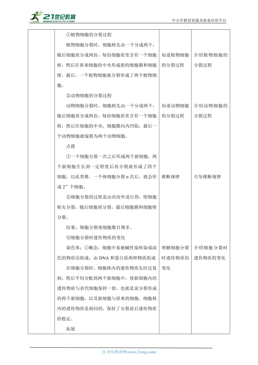 【核心素养目标】冀少版七年生物上册1.2.1.4细胞--细胞的分裂与生长  教案