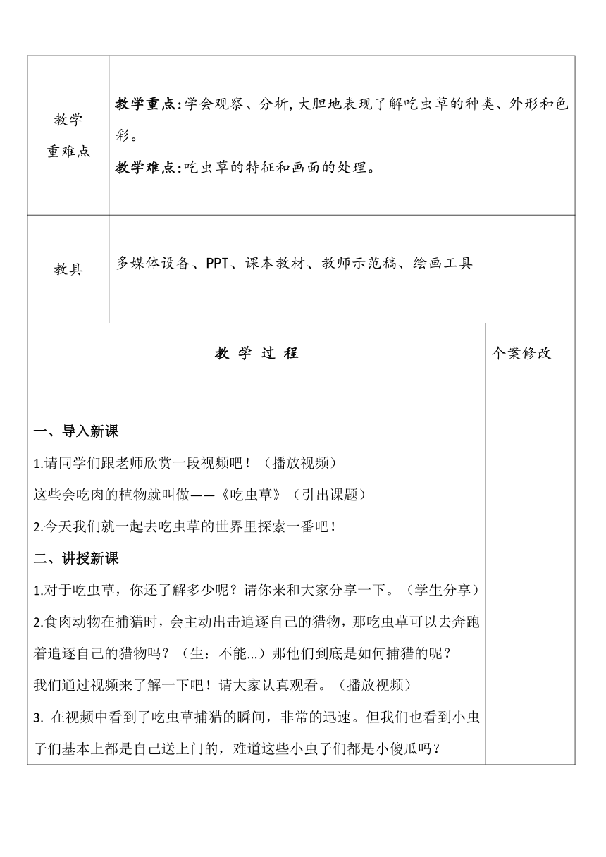 《吃虫草》教学设计（表格式） 人美版小学美术二年级下册