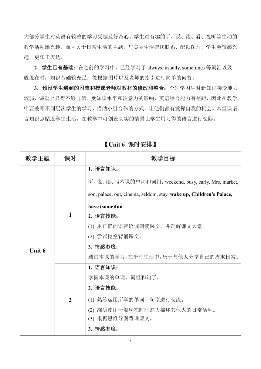 Module 3 Unit 6 At the weekend 表格式教案（共3个课时）
