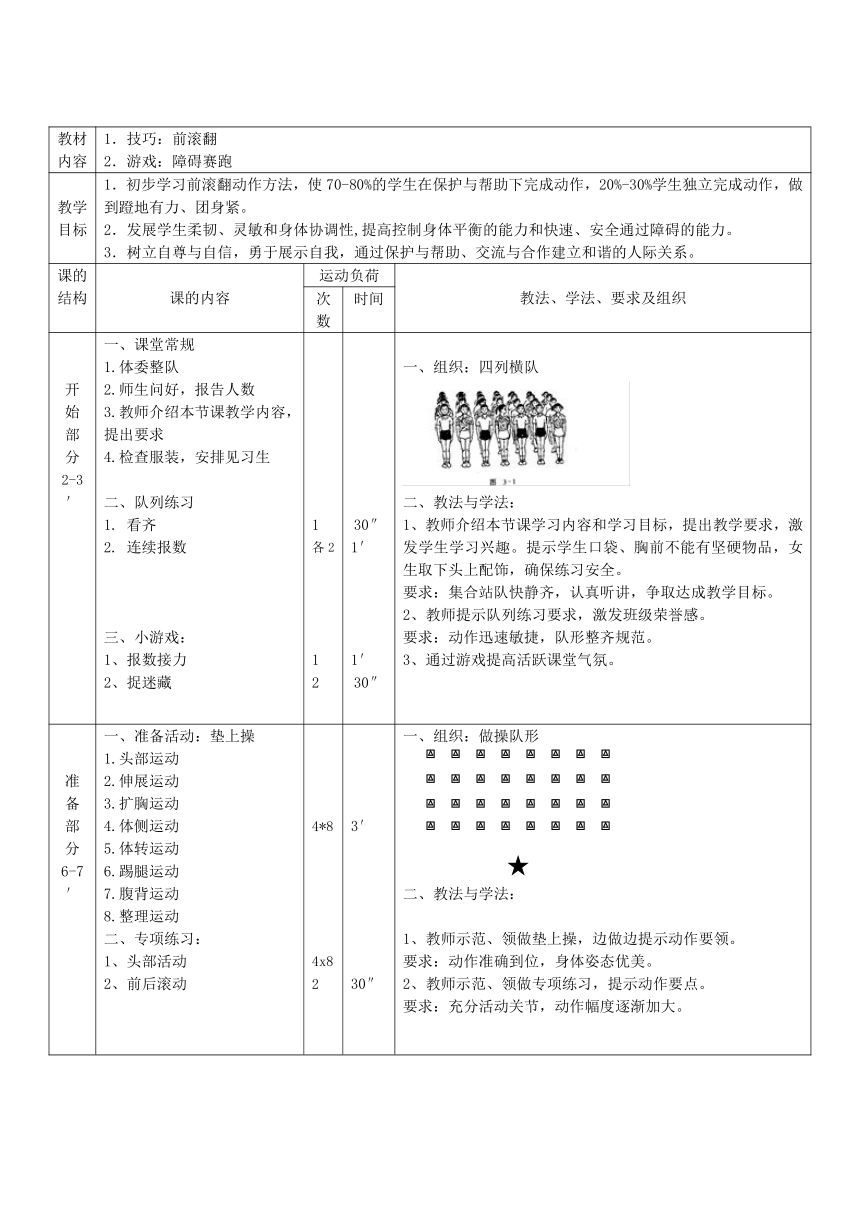 体育二年级上册 前滚翻 教案 （表格式）