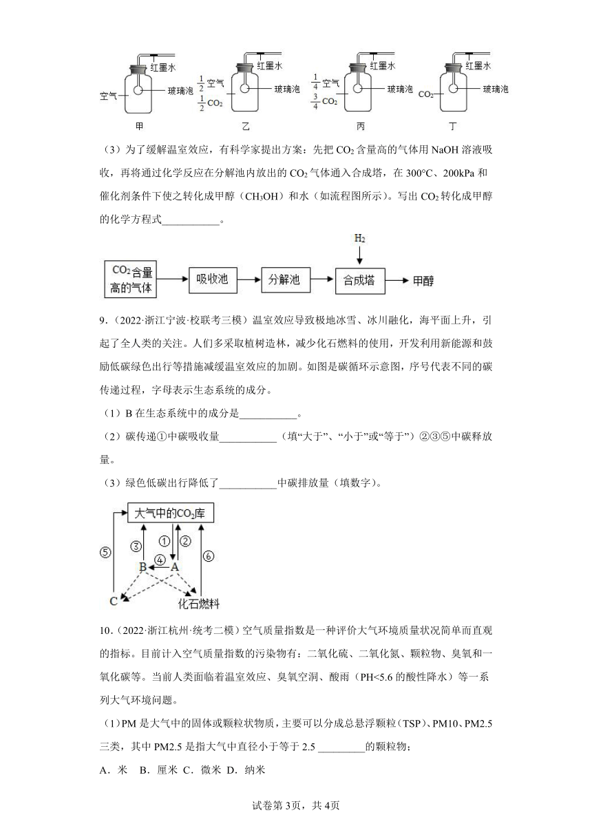 浙江省2022年中考科学模拟题汇编-28温室效应、空气中的污染物来源（含解析）