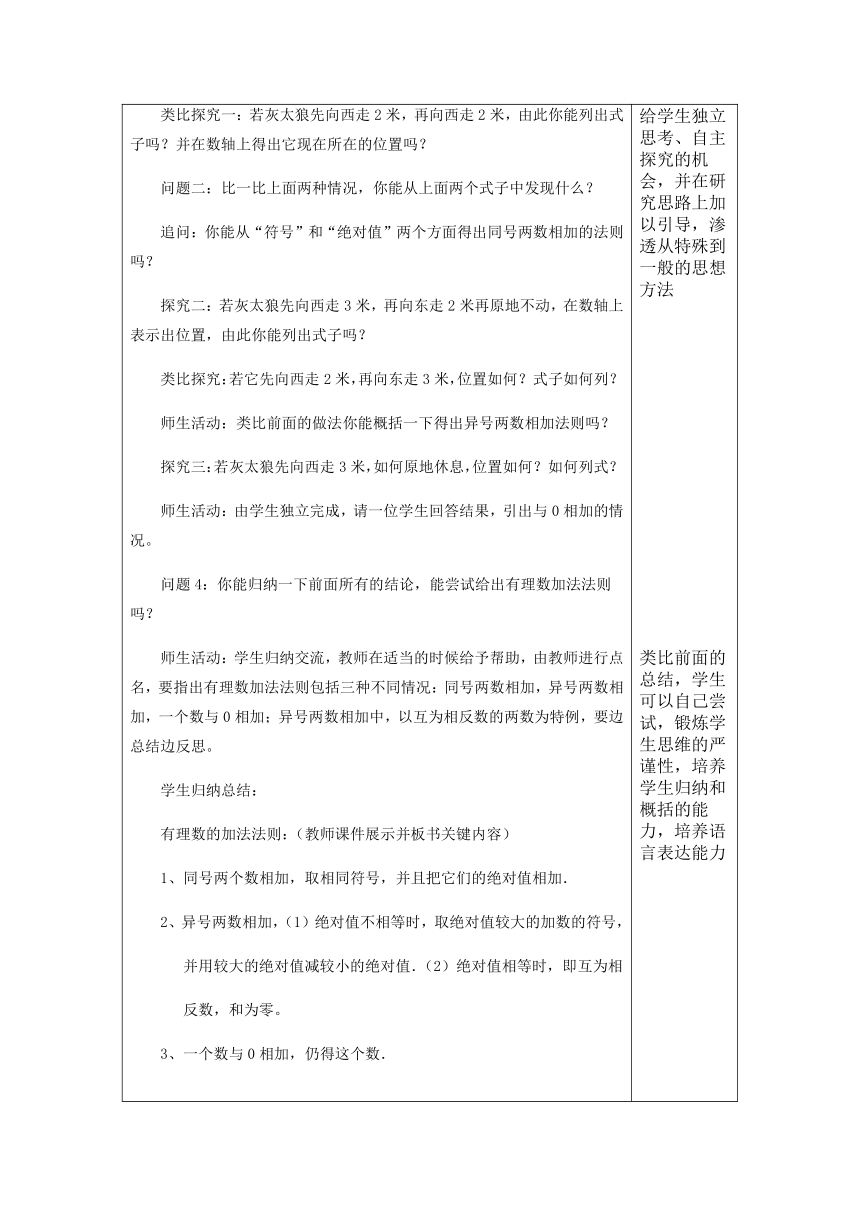 人教版七年级上册1.3.1有理数的加法（1）教案（表格式）