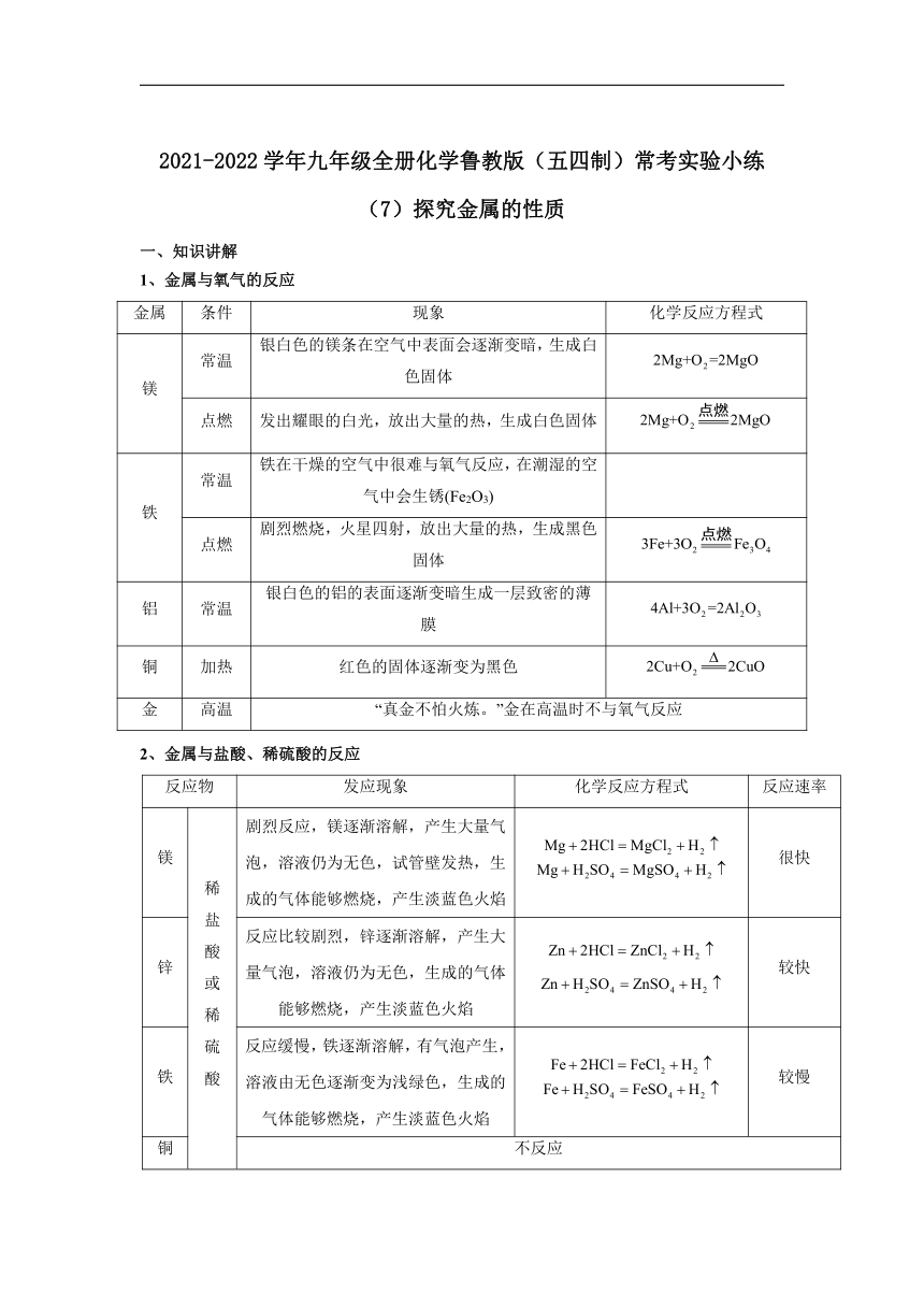 2021-2022学年鲁教版（五四制）九年级化学全册常考实验小练（7）探究金属的性质