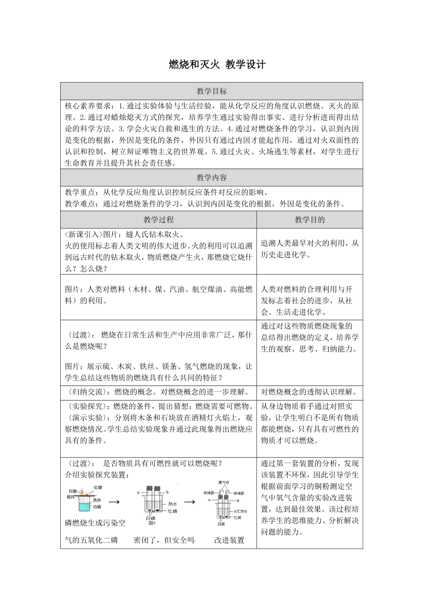 7.1燃烧和灭火教学设计(表格式)---2022-2023学年九年级化学人教版上册