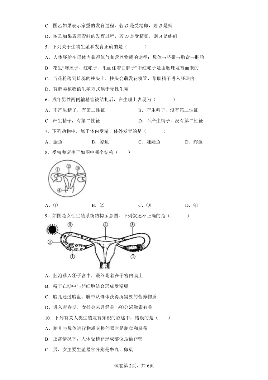 2022年浙江省中考科学专题练习：人和动物生殖（含解析）