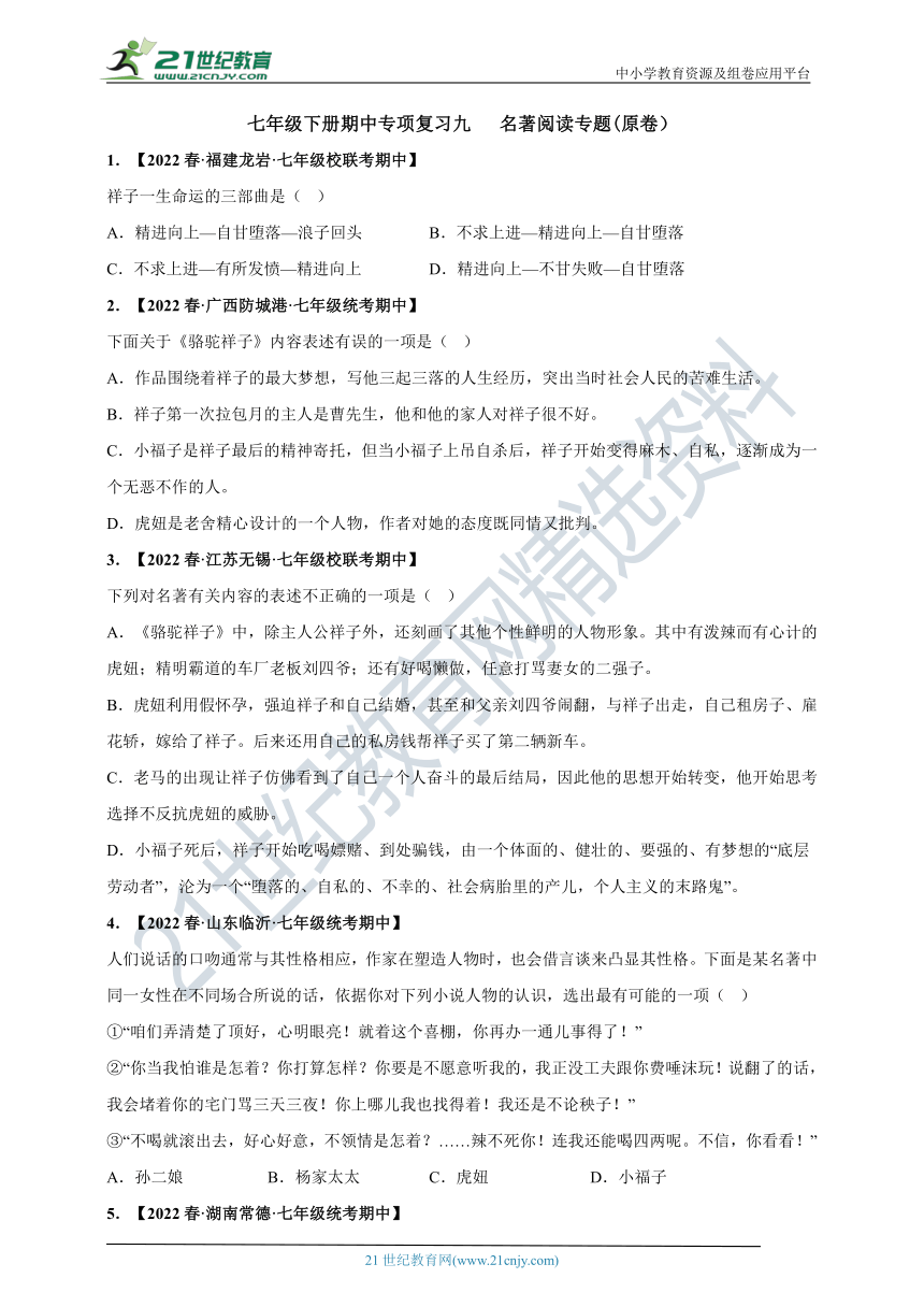 2022-2023学年度七下期中专项复习九  名著阅读专题及答案解析