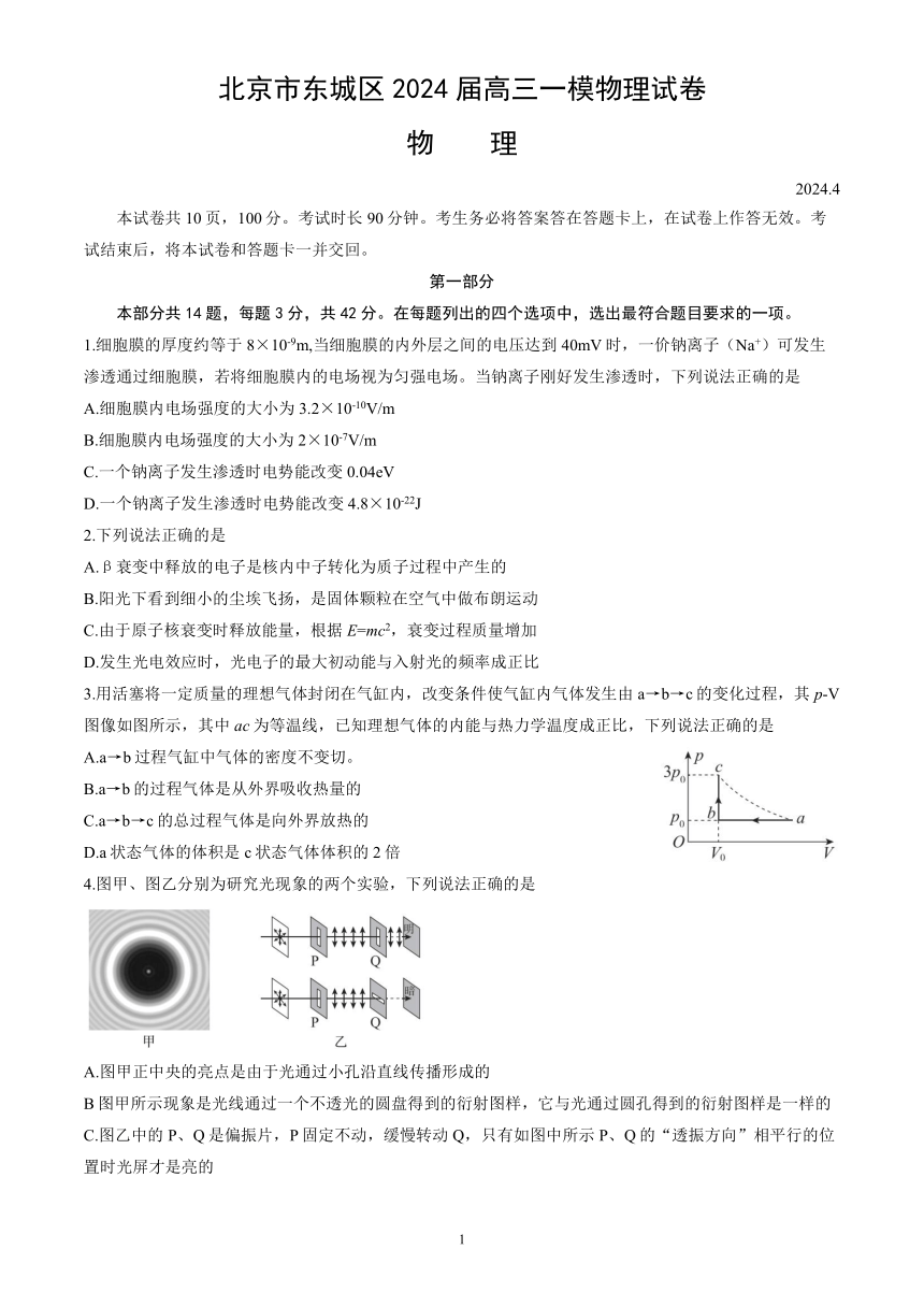 北京市东城区2024届高三一模物理试卷（含答案）