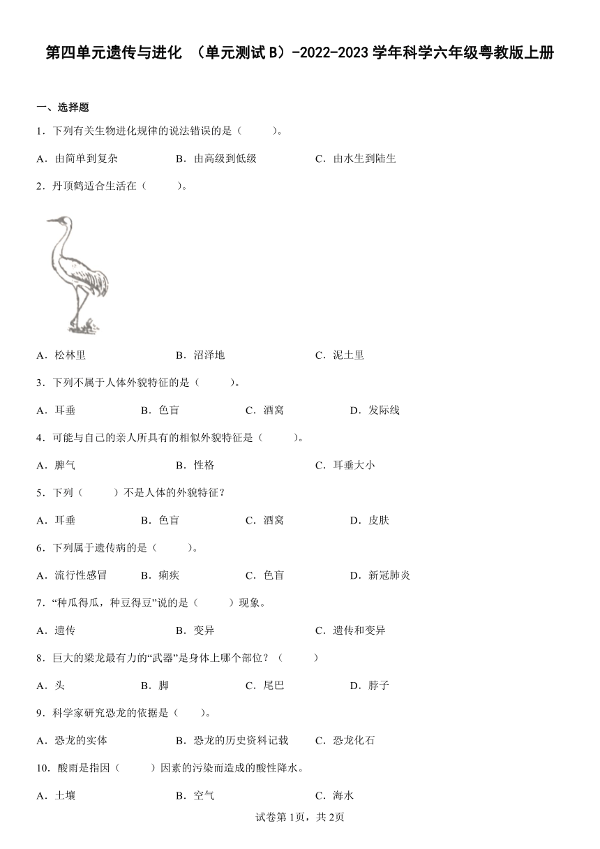 粤教粤科版（2017秋） 六年级上册第四单元遗传与进化（单元测试B）（含答案）