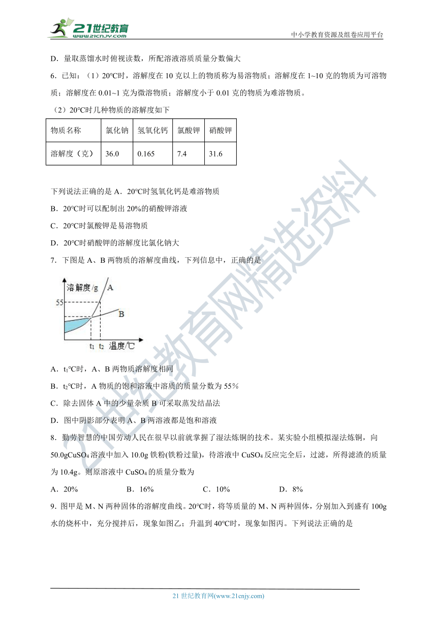 九年级化学第九单元《溶液》复习练习题（含答案）