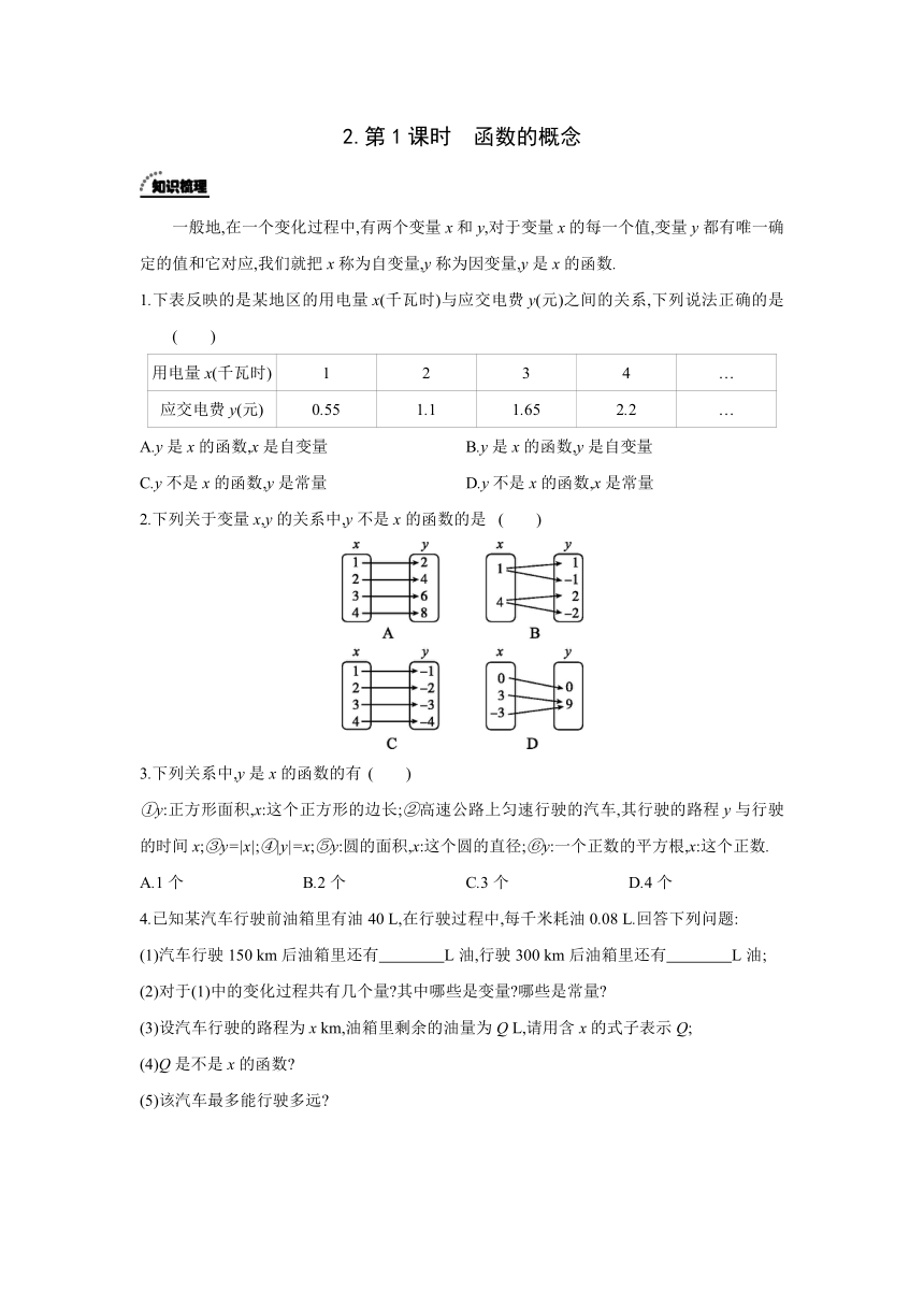 北京课改版数学八年级下册同步课时练习：14.1.2  第1课时  函数的概念(word版含答案)