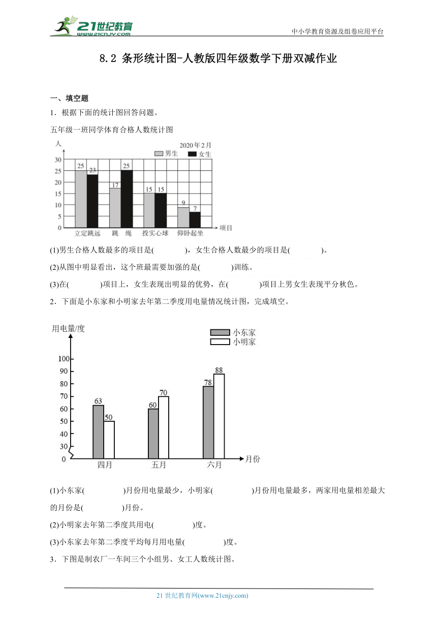 8.2条形统计图 人教版四年级数学下册双减作业（含答案）