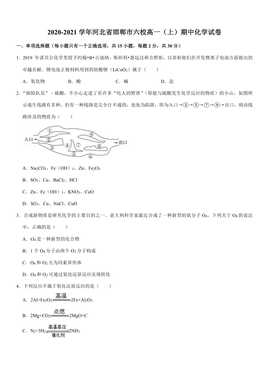 2020-2021学年河北省邯郸市六校高一（上）期中化学试卷 含答案