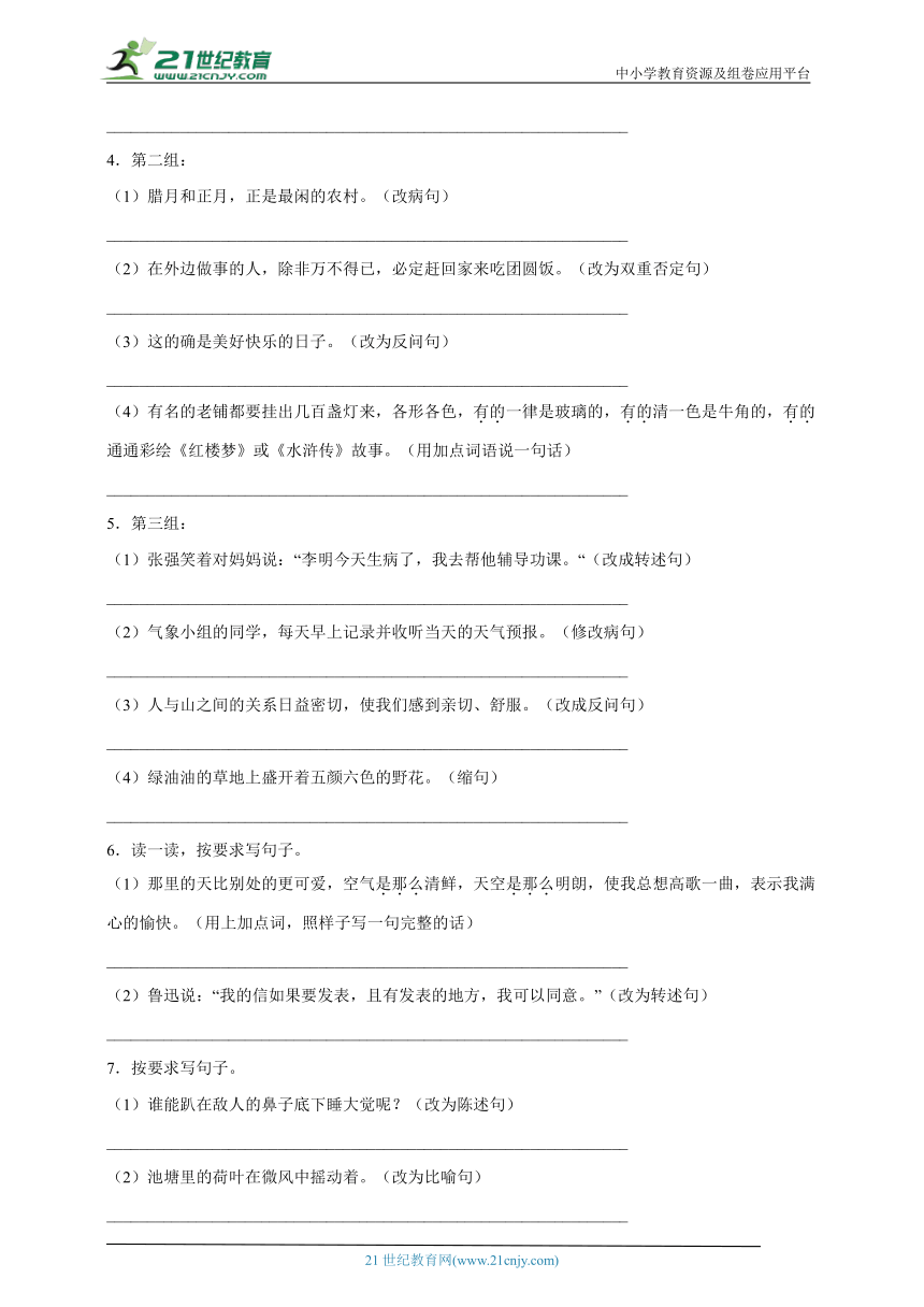 部编版小学语文六年级下册小升初按要求改写句子精选题-（含答案）