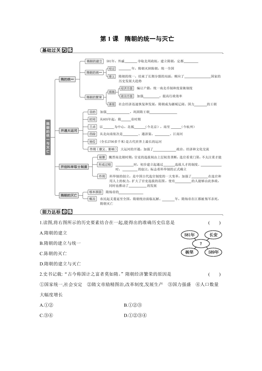 部编版历史七年级下册同步练习：第1课　隋朝的统一与灭亡（含答案）