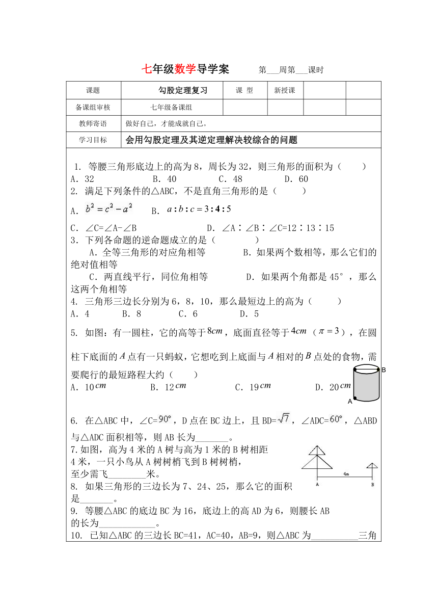 2022-2023学年 鲁教版（五四制）七年级上册数学3勾股定理复习学案（无答案）