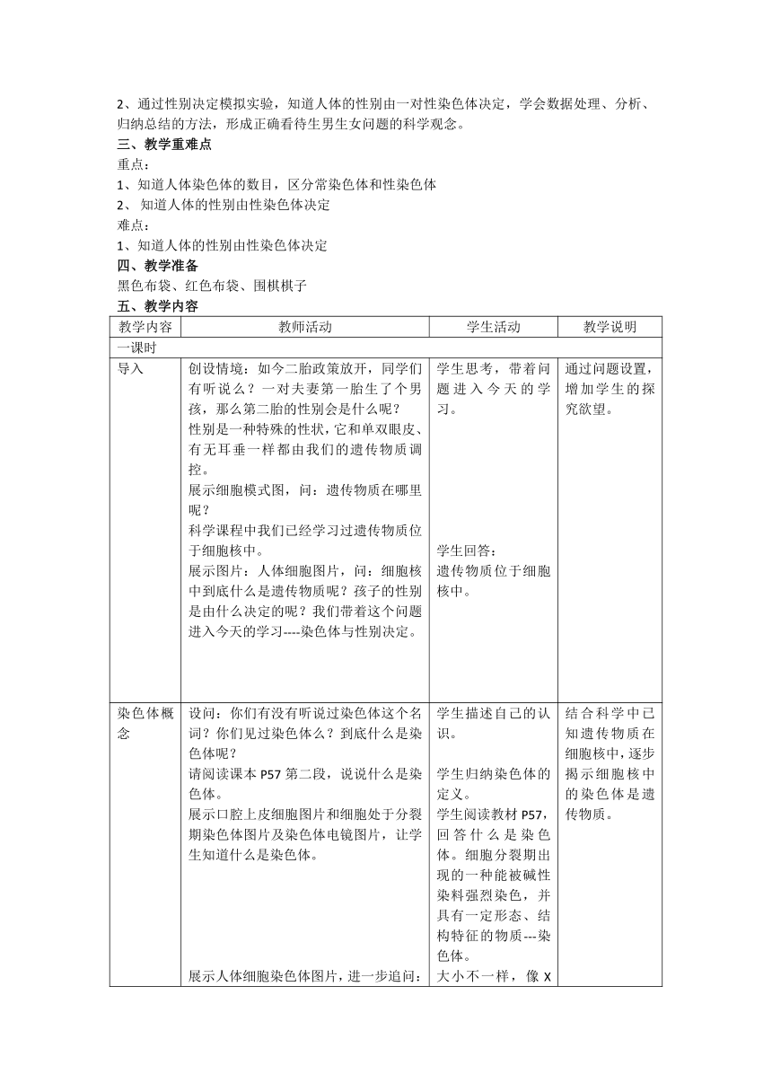 沪教版生物八年级第一册2.3.2染色体与人体性别决定教案（表格式）