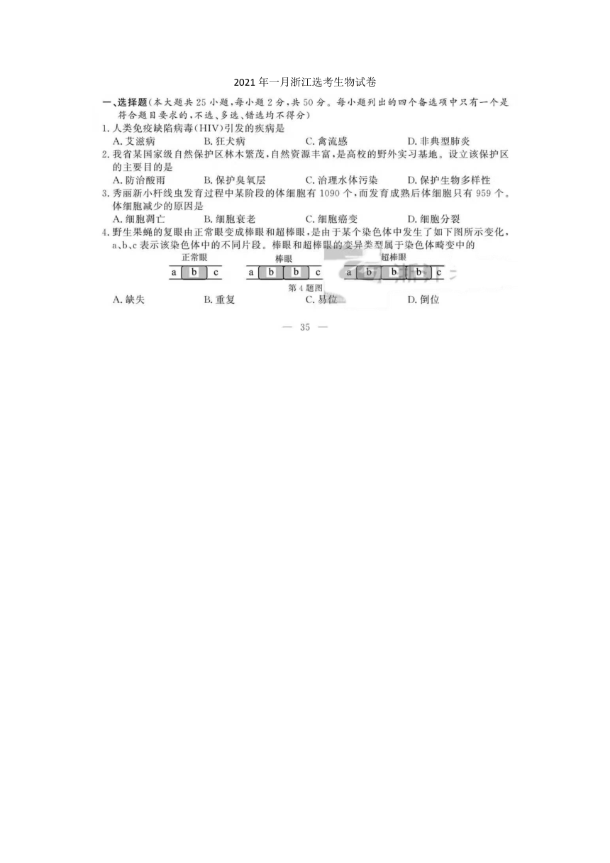2021年1月浙江省普通高校招生选考生物试题（ 扫描版，含答案）