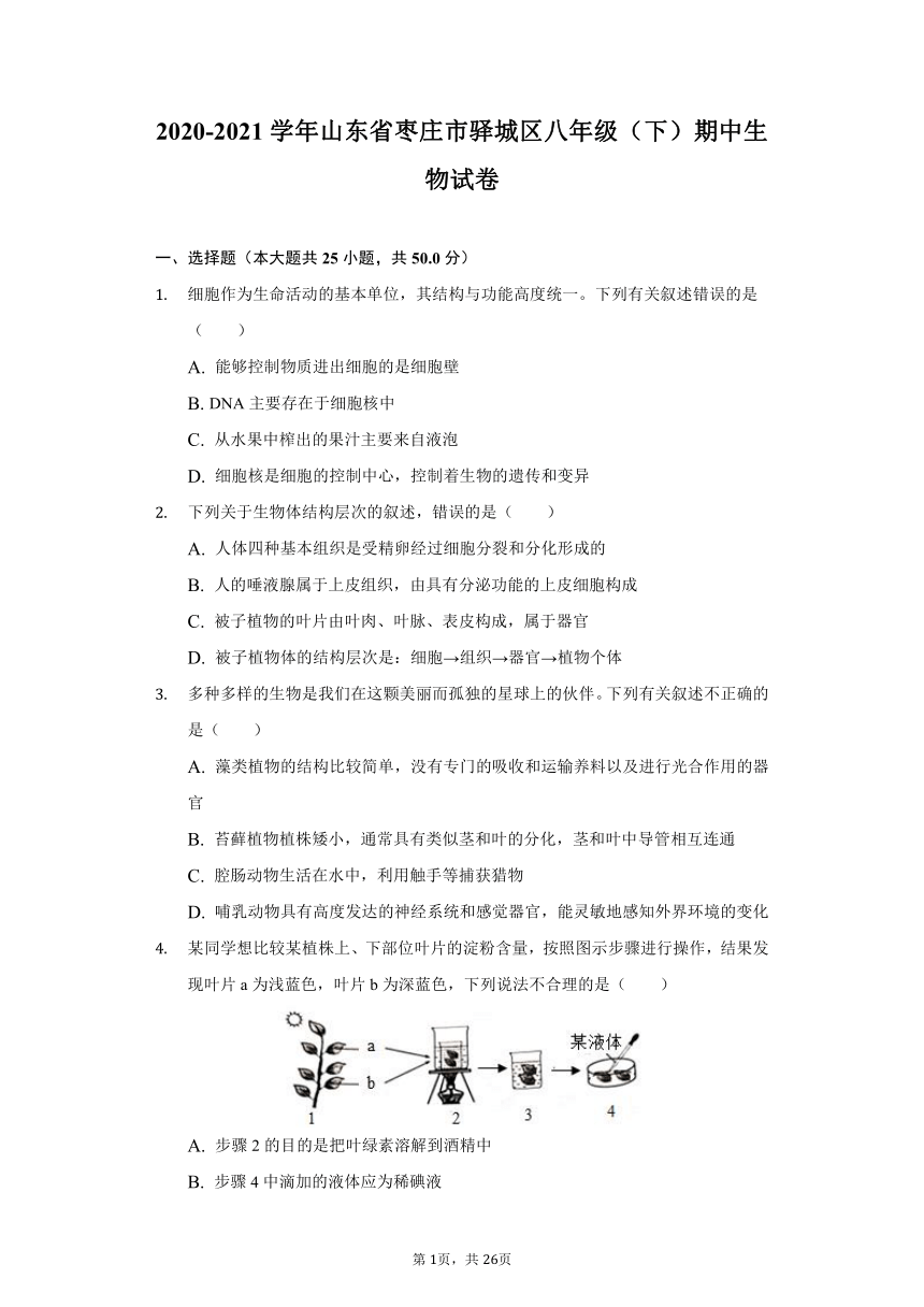 2020-2021学年山东省枣庄市驿城区八年级（下）期中生物试卷（word版 含解析）