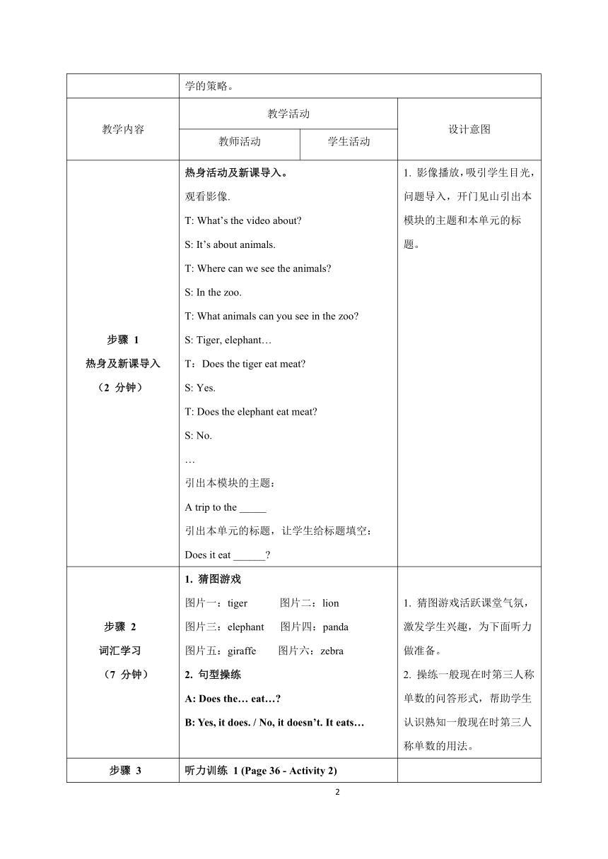 Module 6 A trip to the zoo Unit 1 Does it eat meat （表格式教案）