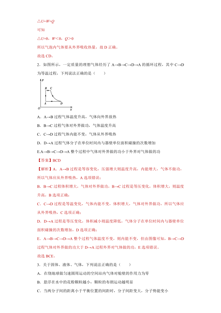 10.3热力学第一定律 能量守恒定律 同步一节一练（word版含答案）