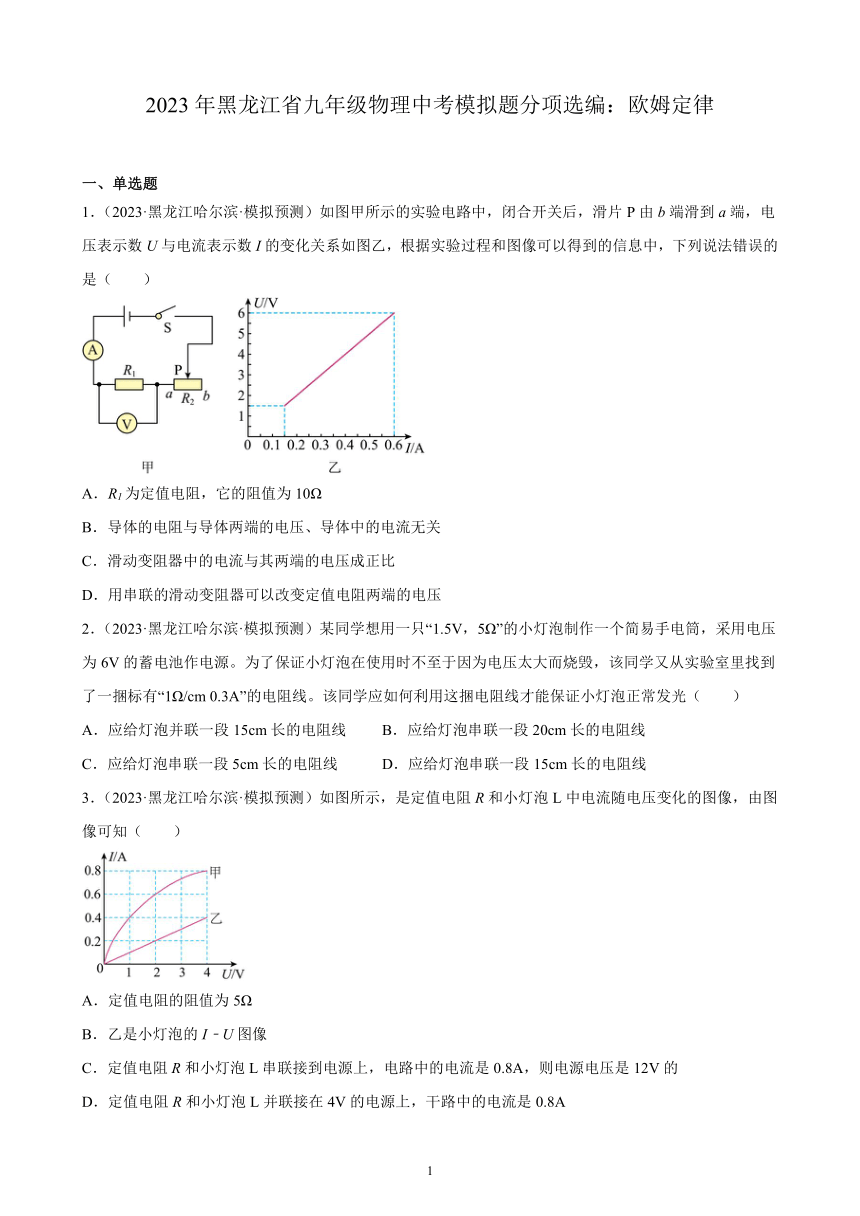 2023年黑龙江省九年级物理中考模拟题分项选编：欧姆定律（含解析）