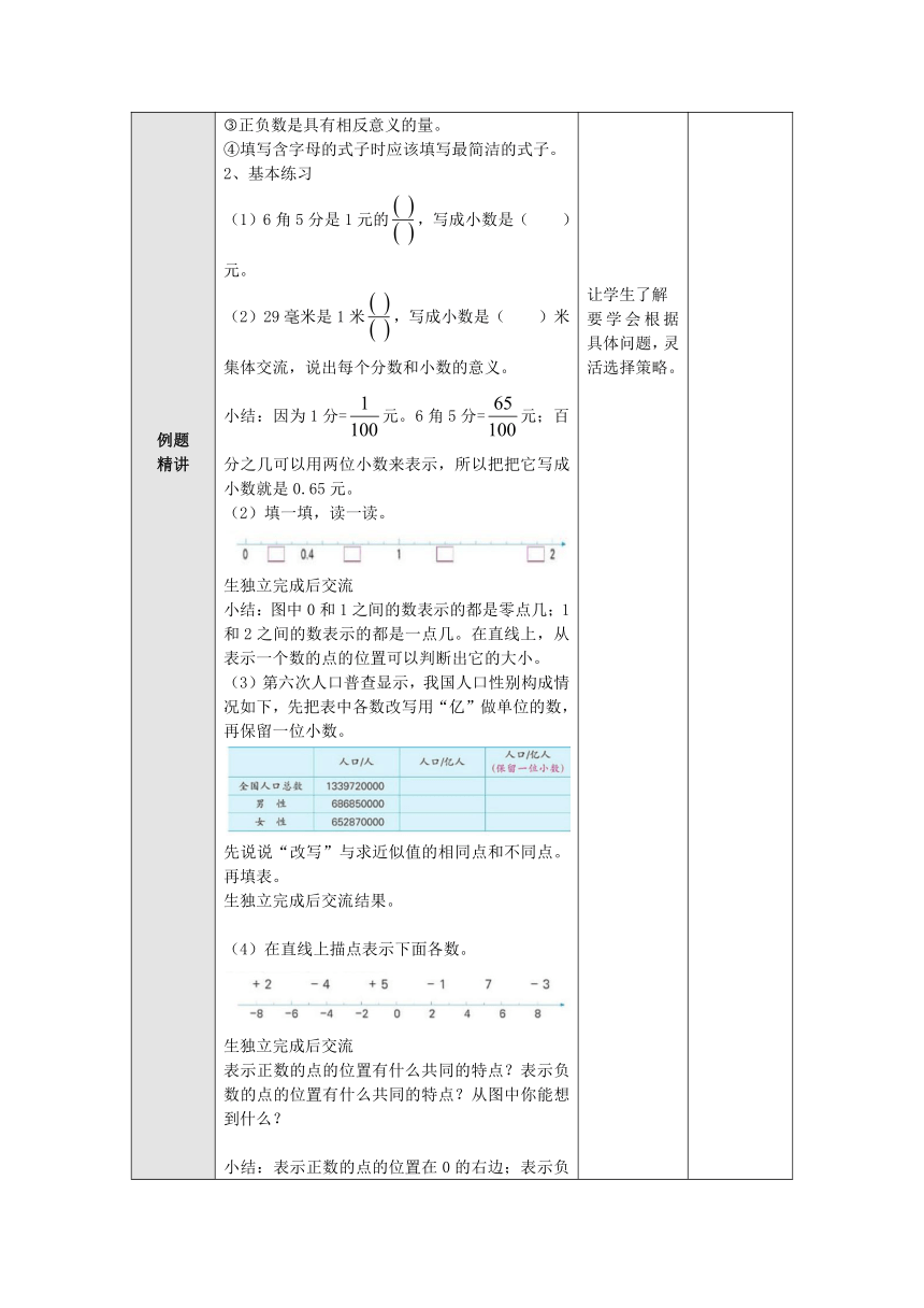 苏教版 五年级数学上册 9.1小数的意义和性质、负数、字母表示数整理与复习 教案（表格式）