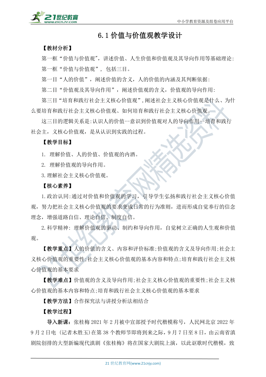 【核心素养目标】6.1价值与价值观 教学设计