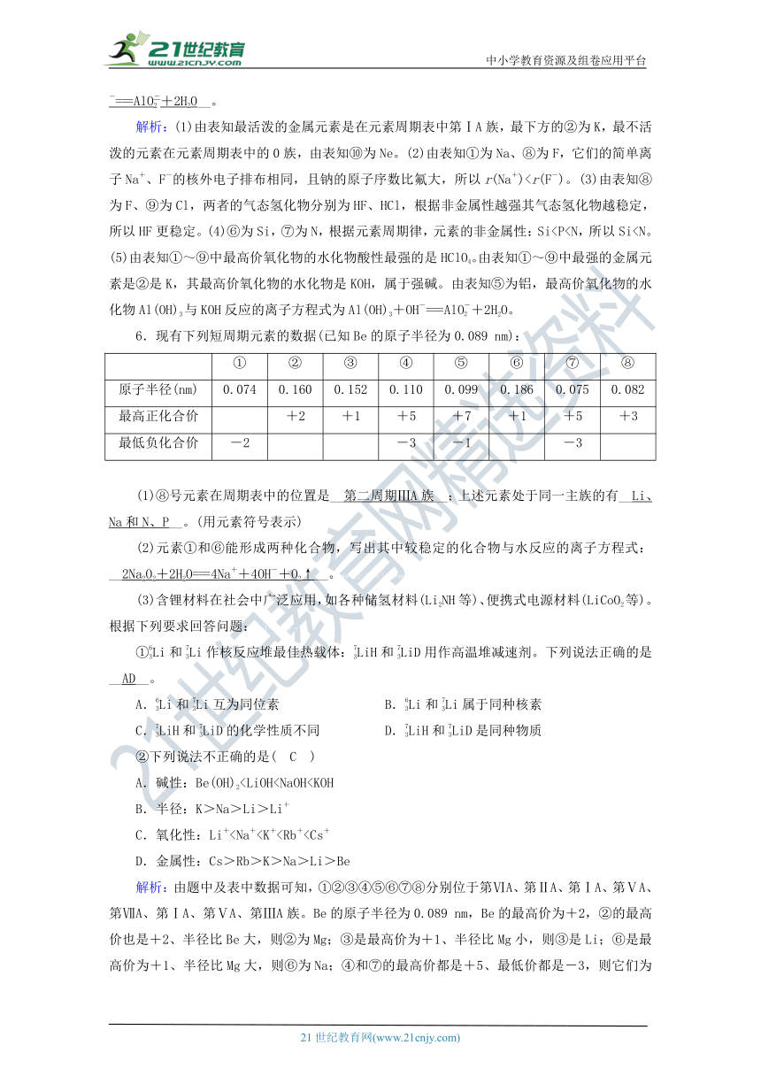 人教版高中化学必修一4.2.2元素周期表和元素周期律的应用 练习（含解析）