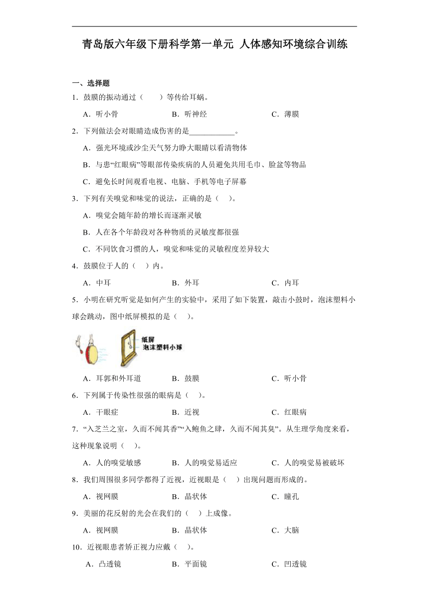 青岛版（六三制2017秋）六年级下册科学 第一单元人体感知环境综合训练（含答案）