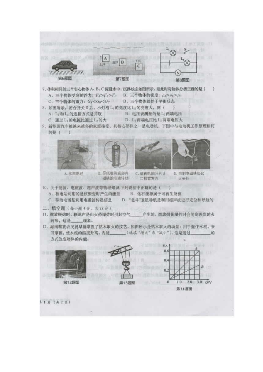 2023年海南省文昌市中考物理模拟考试卷（图片版含答案）