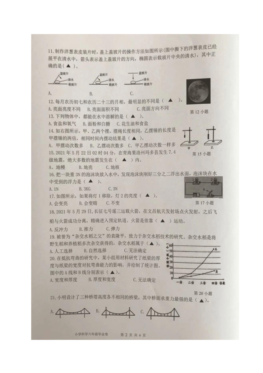 浙江省温州市经开区2021年小学毕业检测科学试卷 （图片版，无答案）