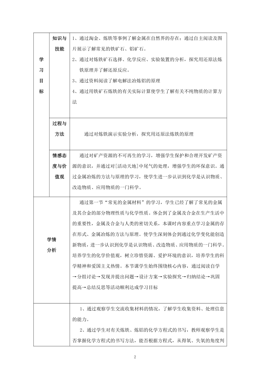 鲁教版（五四制）化学九年级全一册 4. 常见的金属材料第二课时金属矿物及其冶炼教案（表格式）