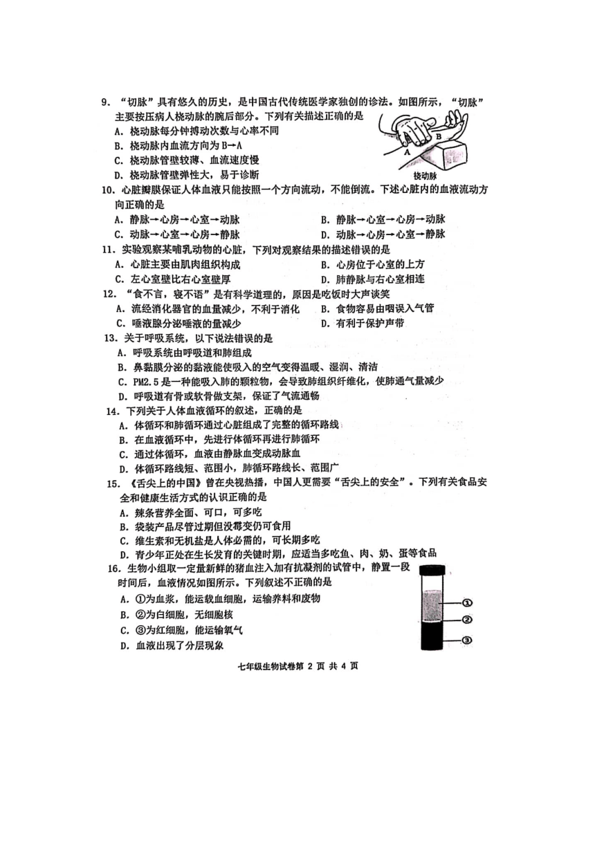 江苏省盐城市建湖县2022-2023学年七年级下学期期中生物试题（图片版含答案）