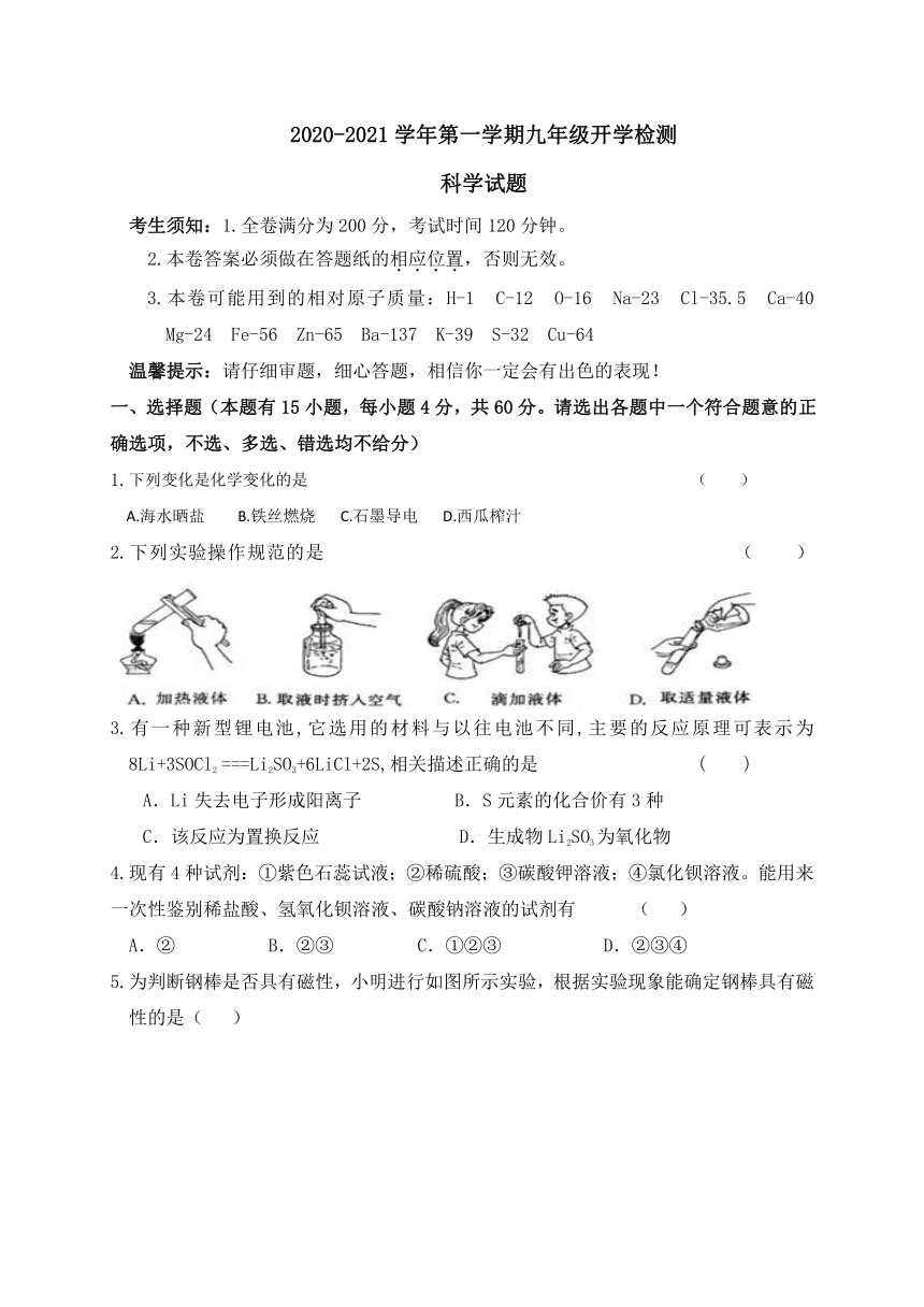 浙江省绍兴市柯桥区杨汛桥中学教育集团2020-2021学年第一学期九年级科学开学检测试题（word版，无答案）