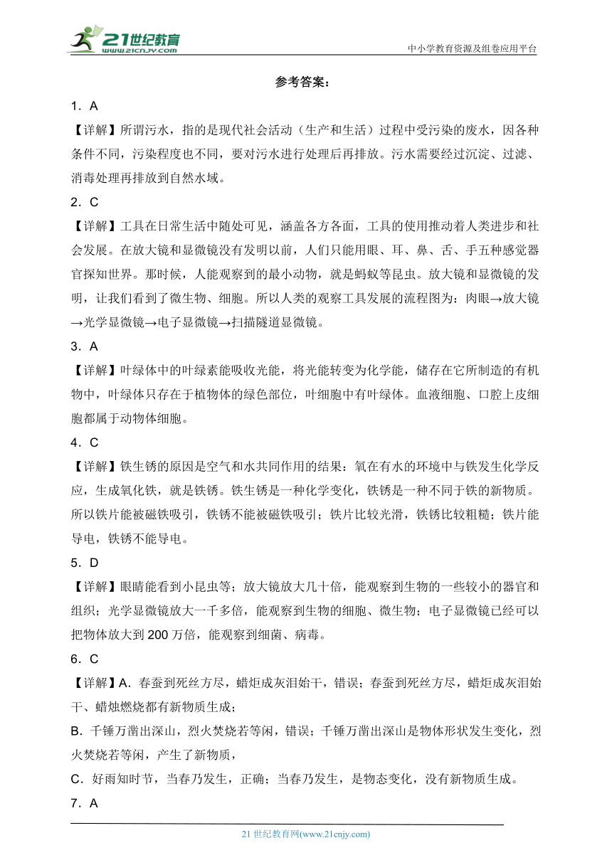 教科版六年级科学下学期期中素养测评卷（含答案）