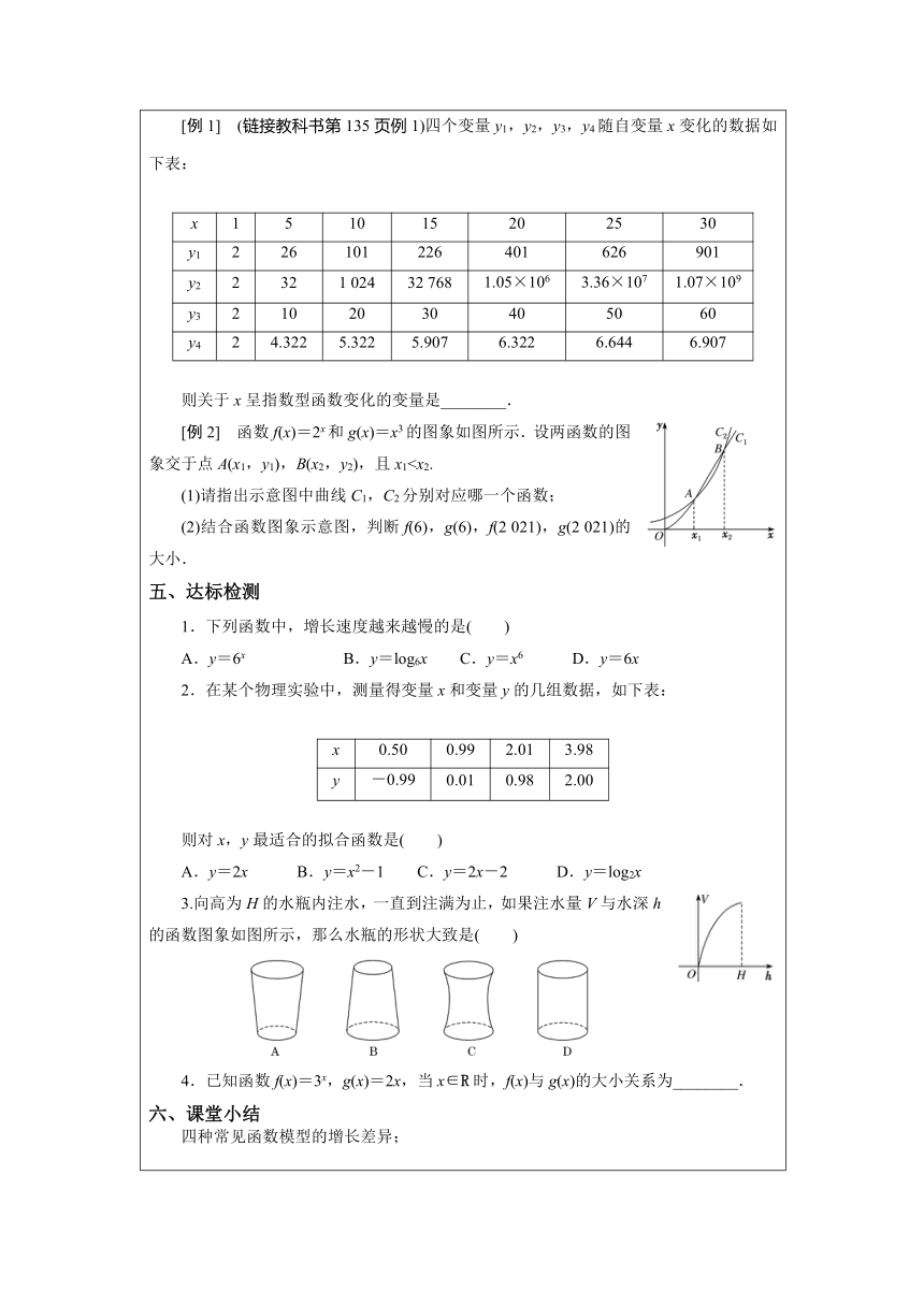 2021-2022学年湘教版（2019）高中数学必修第一册4.5.1 几种函数增长快慢的比较 教案（表格式）