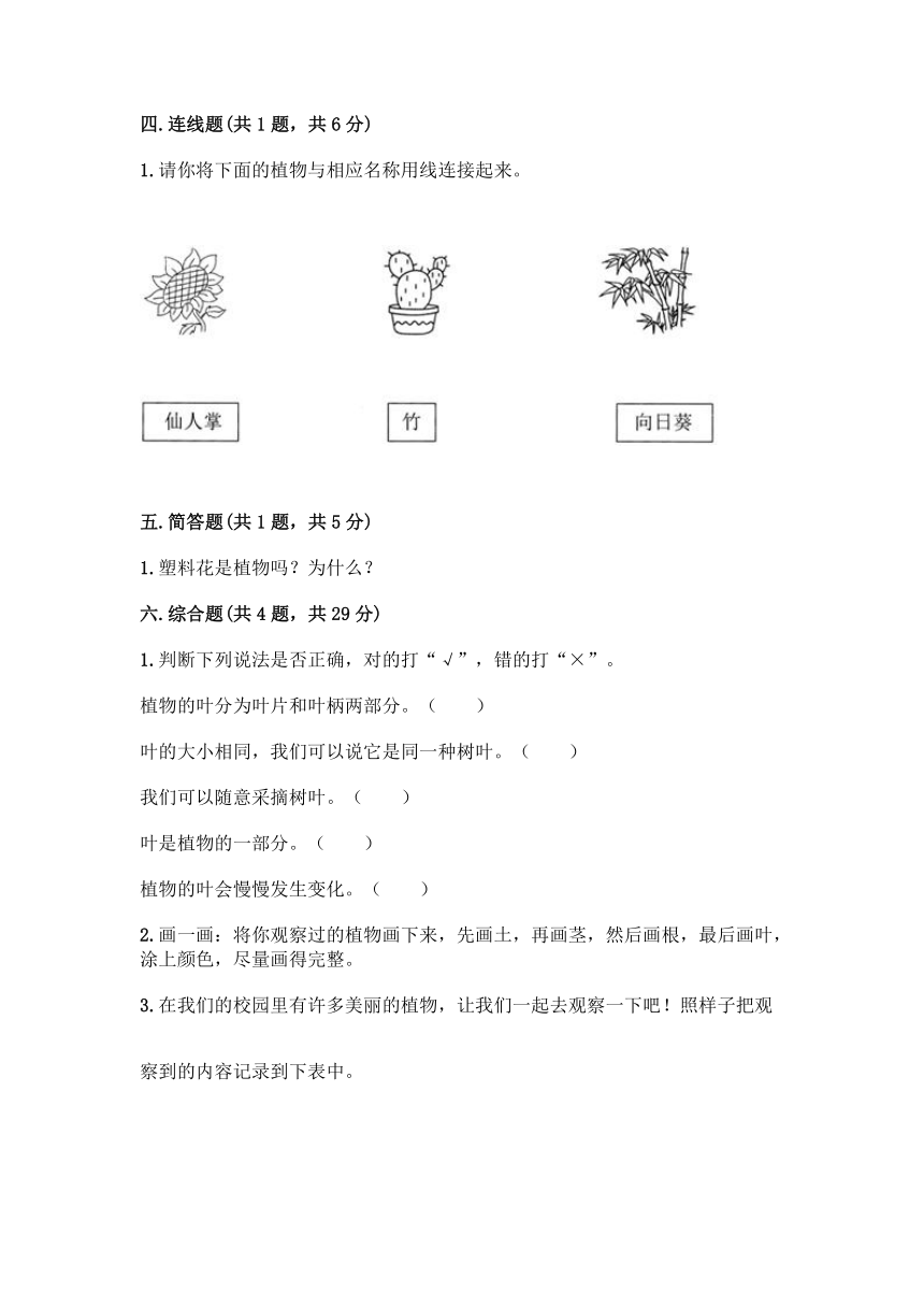 教科版（2017秋）科学一年级上册第一单元《植物》测试卷（含答案）