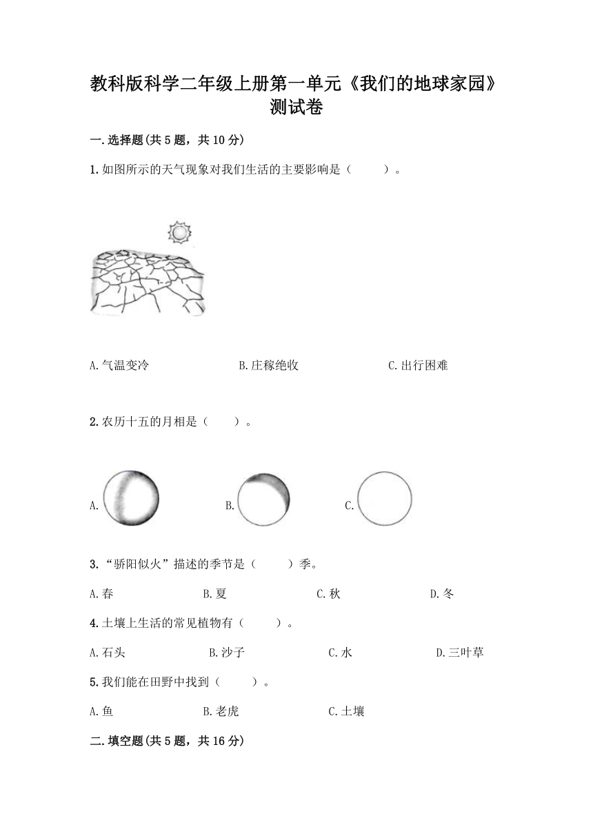 教科版（2017秋）科学二年级上册第一单元《我们的地球家园》测试卷（含答案）